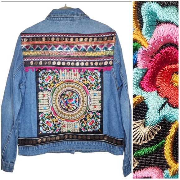 DENIM CO EMBROIDERY BOHO FESTIVAL OVERSIZE STATEMENT JEAN JACKET SIZE SMALL 4/6 - Picture 2 of 15